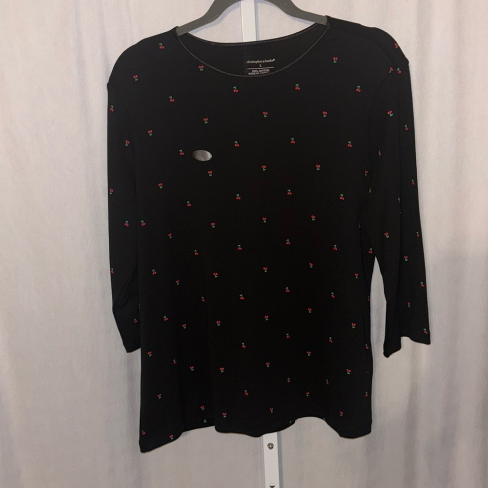 Christopher & Banks Cherry 3/4 Sleeve Black Cotton Top Large